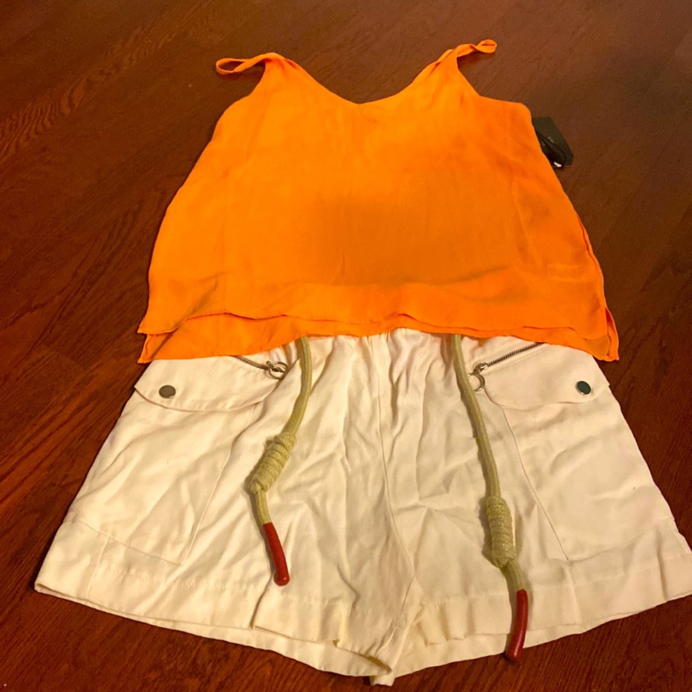 Issaaa A Fit!!! Peach tank slightly sheer spaghetti straps + Zara beige shorts